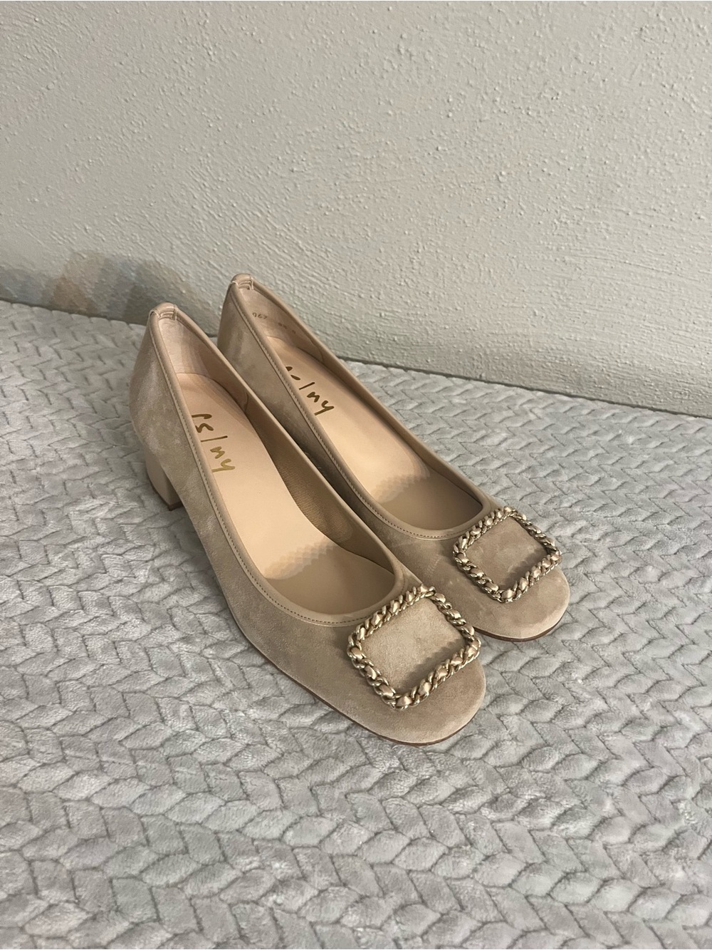 New French Sole Beige Suede Block Heel Pumps with Gold Buckle